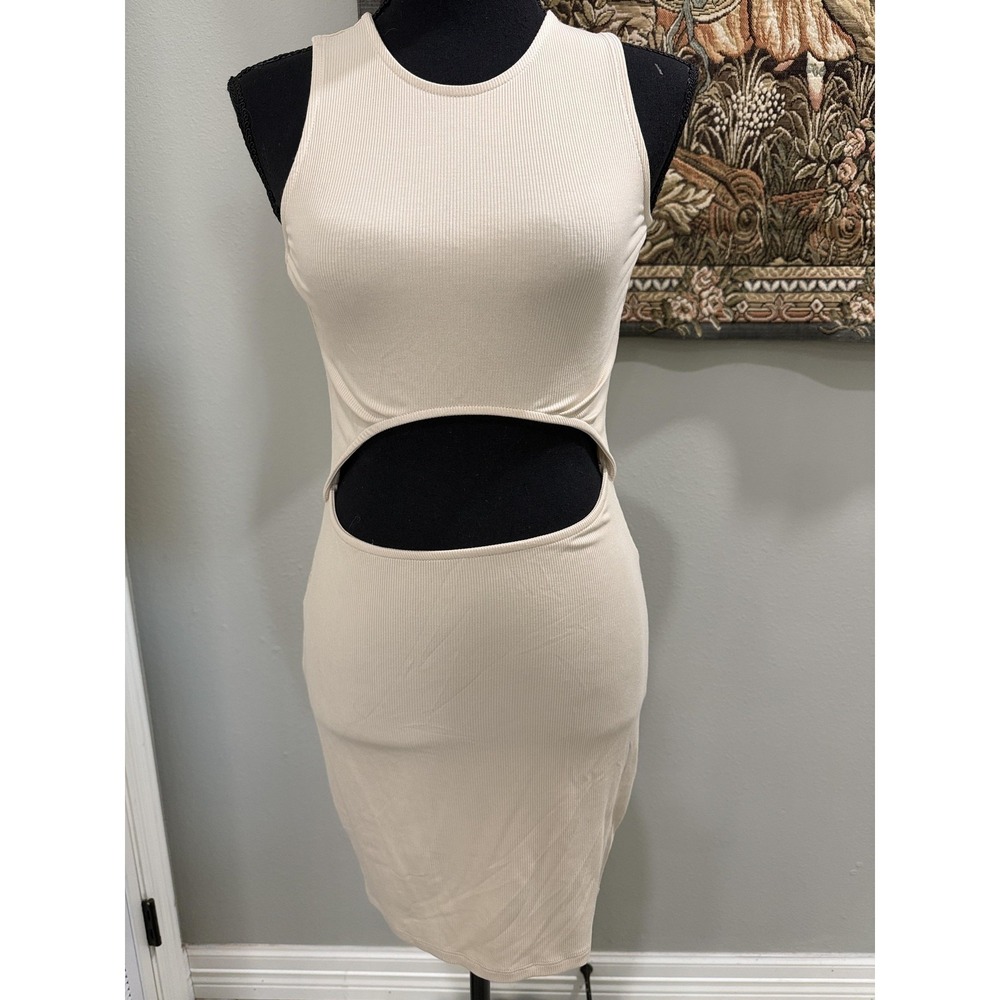 Kendall & Kylie Dress Juniors Small Beige Ribbed Cut Out Bodycon Knee Length‎